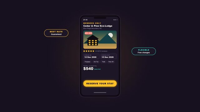 Mobile app animation showing hotel booking reservation process with confirmation button and confetti on dark background