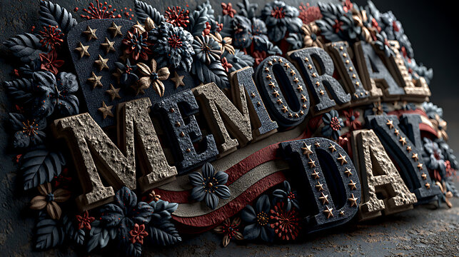 Memorial day typography with floral ornaments and stars 3d rendering