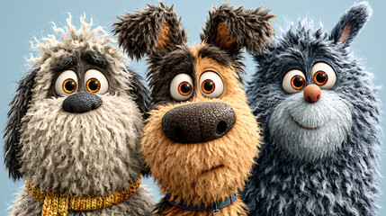 Obraz premium Three cartoon dogs with exaggerated features are digitally rendered