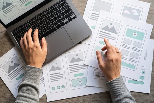 Designer Typing While Reviewing Mobile App Wireframes