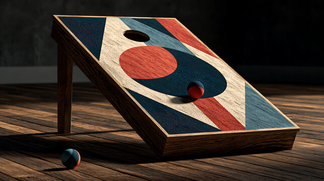 Cornhole game board with red and blue geometric design rests on wood flooring