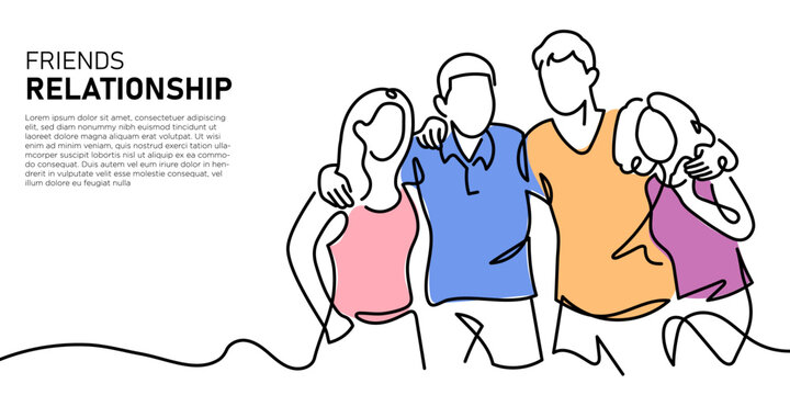hand drawn single line art of diverse people, faceless contour sketch modern portrait teamwork and friendship minimalist