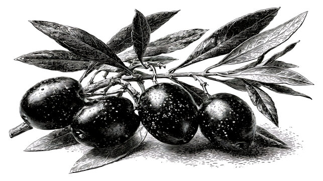 Olive branch with black olives is depicted in a vintage engraving style