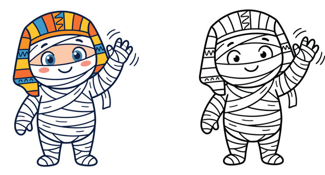 Cute cartoon Egyptian pharaoh mummy waving hand coloring page and color vector illustration for kids
