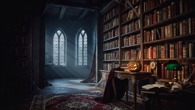 Dark moody gothic library interior with tall bookshelves and a glowing jack o lantern for halloween atmosphere