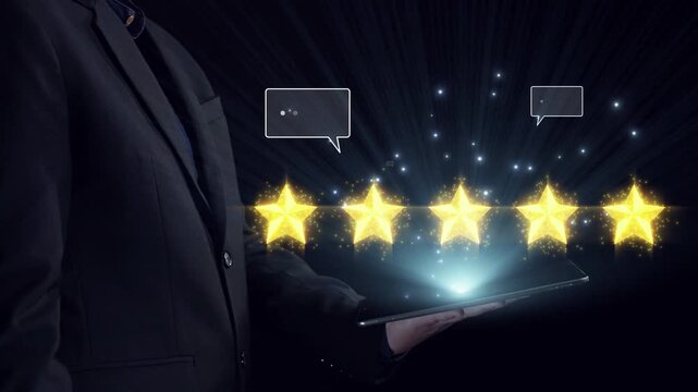 This image illustrates a digital feedback concept with stars and speech bubbles, highlighting customer satisfaction through ratings and reviews in a business context. Qubit