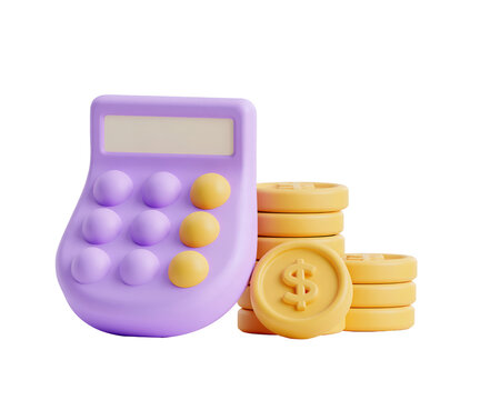 3D purple calculator with a stack of gold dollar coins for financial accounting concept