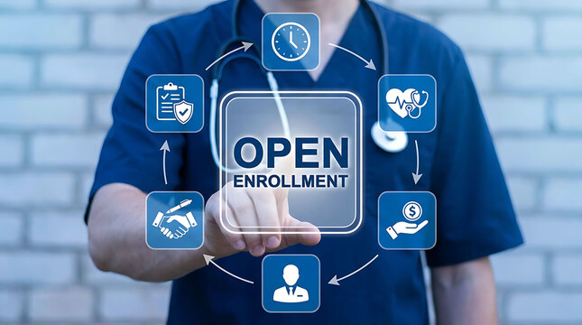 Healthcare worker touching digital open enrollment interface graphic in clinic