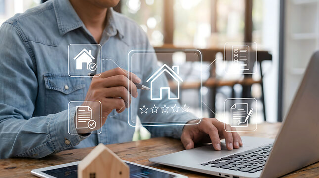 Real estate agent using laptop with digital house icons and contract forms