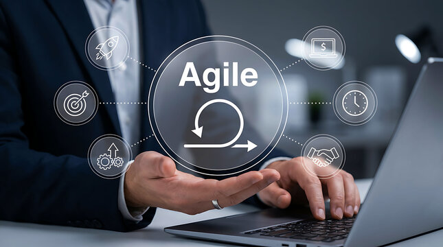 Businessman holding digital agile methodology graphic concept at laptop