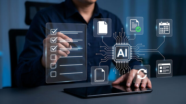 Businessman interacting with AI interface and digital checklist on a tablet