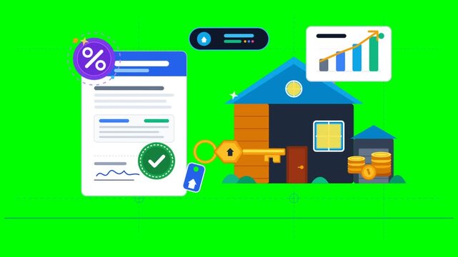 Real estate purchase contract animation with house icon and financial graphs