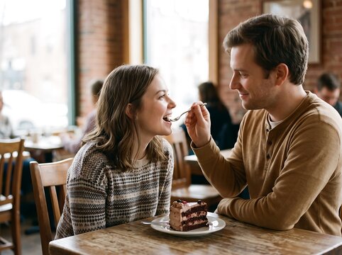 Happy young couple sharing dessert in cozy cafe