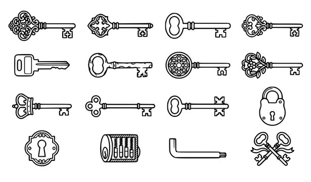Antique Locksmith Skeleton Key Line Icon Set with Vintage Locks and Decorative Key Shapes