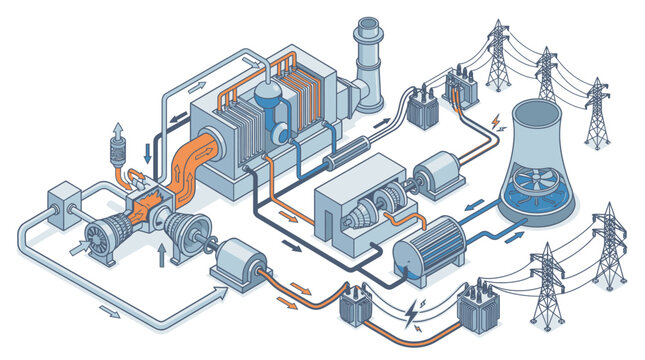 Detailed Isometric Illustration of a Power Plant Facility.
