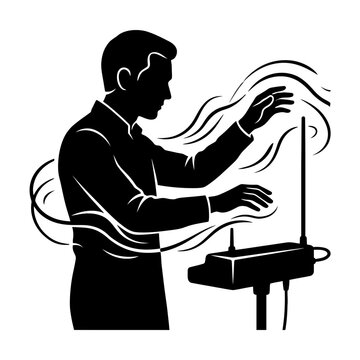 Musician playing theremin, silhouette illustration