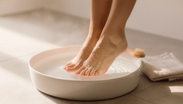 Relaxing foot soak with bare feet submerged in warm water, clean ceramic basin on a bathroom floor, gentle water reflections and realistic droplets.