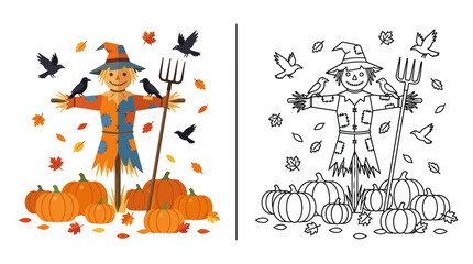 Fototapeta premium Happy Scarecrow with Pumpkins and Birds, Fall Season Illustration