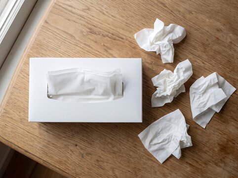 White tissue box with crumpled tissues on a wooden surface