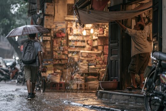 Local shop glowing warmly on a rain-soaked street corner