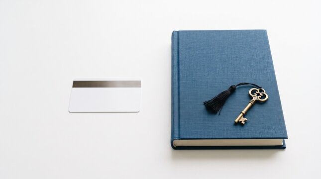 Blue notebook with a decorative key and tassel resting beside a blank credit card on a clean white surface