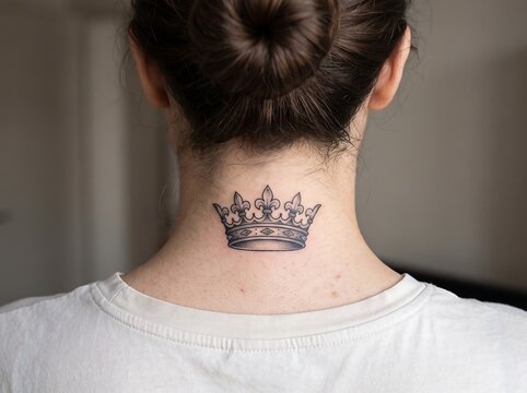 Crown tattoo displayed on the back of a woman neck