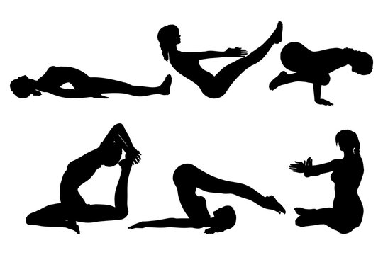 Yoga Exercise Silhouette Collection with Different Fitness and Stretching Poses