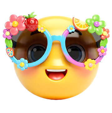 3D Smiling Emoji Wearing Summer Sunglasses with Transparent Background
