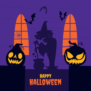 Happy Halloween Witch and Pumpkin Illustration