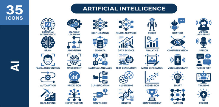 Artificial intelligence icon set. Containing machine learning, data science, AI, virtual assistant, generative AI, technology, Turing test and more. Solid vector icons collection.