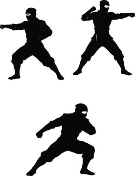 Japanese ninja warrior assassin fighter silhouettes set martial arts combat fighting stance poses black vector illustration