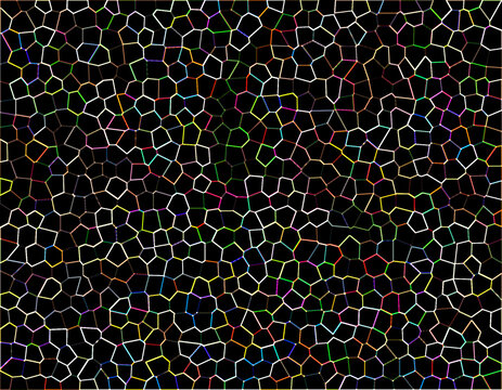 Abstract voronoi mosaic pattern background with colorful neon geometric mesh lines on black backdrop