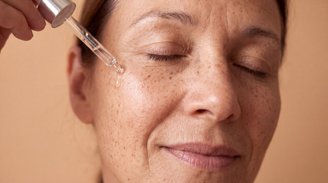 A mature woman with freckles relaxes with a serum dropper for a wellness editorial feature.