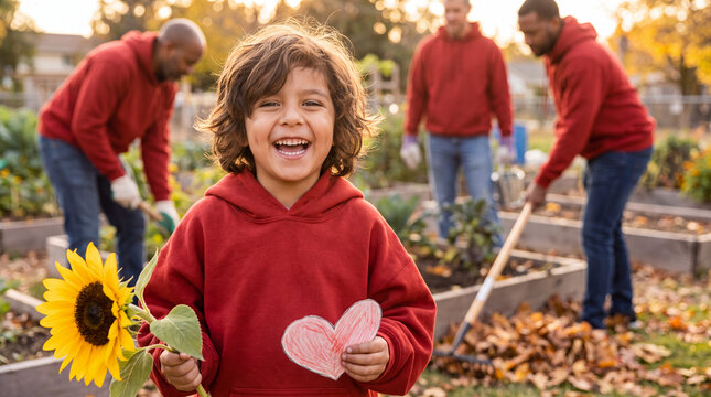 A laughing Hispanic child holds a sunflower and heart at a community garden for a kindness blog header.