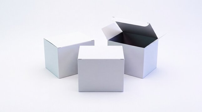 Three white cardboard boxes isolated on white background