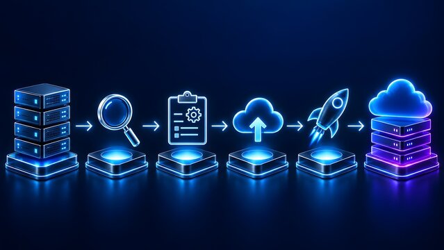 Digital cloud migration and data processing pipeline visualizing step by step server deployment workflow with glowing neon icons