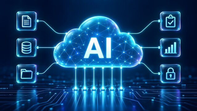 Artificial intelligence cloud computing network with interconnected data management nodes and security protocols on digital circuit background