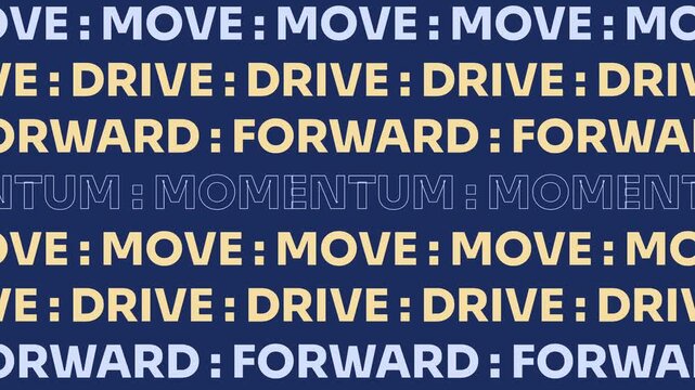 A dynamic typographic background featuring repetitive text 'MOVE', 'DRIVE', 'FORWARD', and 'MOMENTUM' in white and gold on a dark blue background. Perfect for motivational content.