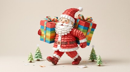 Fototapeta premium Joyful santa claus figurine holding vibrant gift boxes amidst small christmas trees