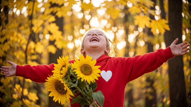 A laughing child in a red volunteer hoodie hugs sunflowers with open arms and heart bokeh, expressing warm joy for World Kindness Day campaigns and social posts.