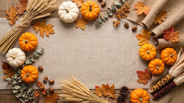 Autumn Harvest Frame With Mini Pumpkins, Wheat, Indian Corn and Fall Leaves for Thanksgiving