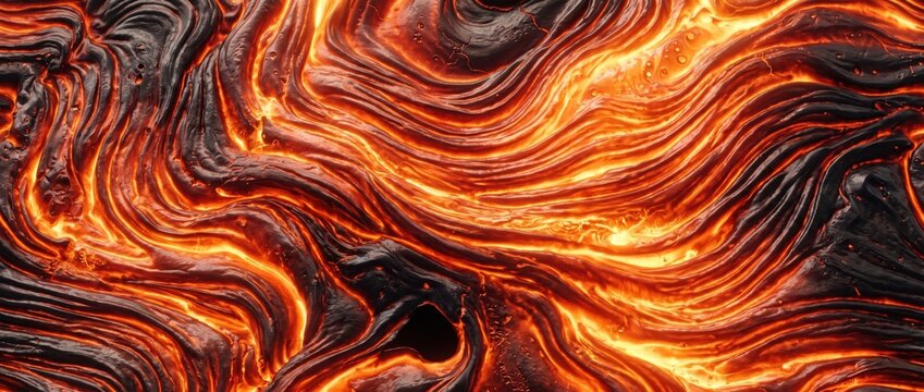Molten lava texture with swirling patterns of glowing orange magma and dark cooled volcanic rock formations, abstract geological surface background