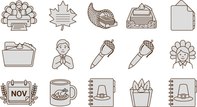 Thanksgiving icon set with turkey, pie, cornucopia, calendar, and pilgrim hat, flat design clip art