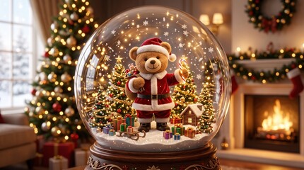 Fototapeta premium Charming christmas snow globe showcasing a santa bear with an array of gifts and festive holiday decorations