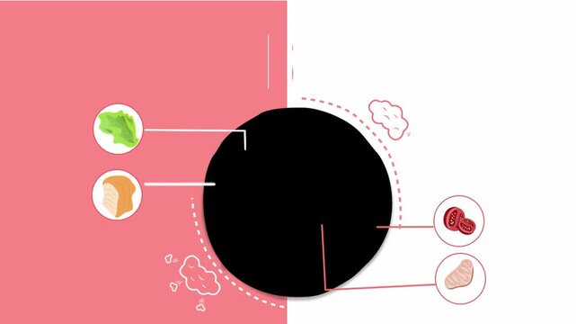 Burger recipe infographic template displays circular ingredient breakdown on a colorful background.