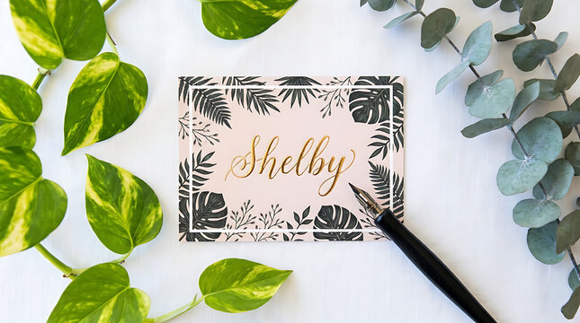 A personalized greeting card resting on a flat surface features the name Shelby written in elegant cursive script surrounded by botanical foliage and a fountain pen ready for use