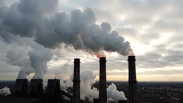 Industrial Factory Chimneys Emitting Heavy Smoke at Sunset Air Pollution Concept