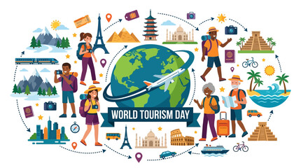Naklejka premium World Tourism Day Travel Route and Global Sightseeing Vector Illustration