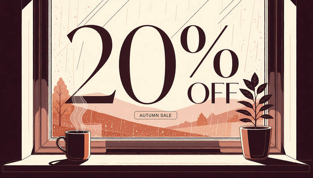 Autumn Sale 20 Percent Off Window View Banner with Hot Coffee Mug and Potted Plant