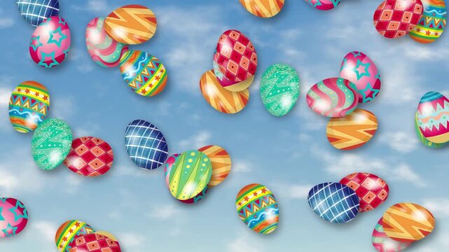 Colorful Patterned Easter Eggs Falling Against a Blue Sky Background